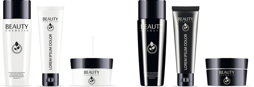 Cosmetic bottle and cream jar cream tube set glossy white and black mockup. Realistic vector illustration.