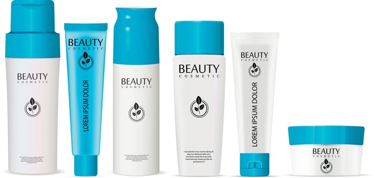 Shampoo bottle, deodorant can, cream tube, cream or powder jar and conditioner gel cosmetic bottles set. Vector mockup template packaging. Quality skin and hair care products. Label and logo included.