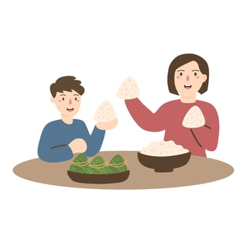 family preparing and eating zongzi illustration vector
