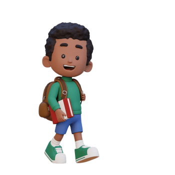 3D happy kid character walking go to school holding book png