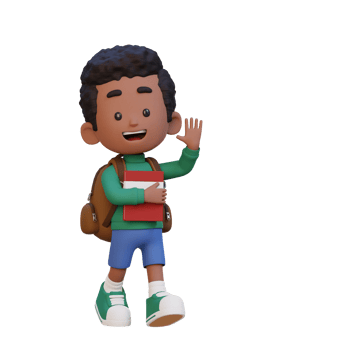 3D happy kid character walking go to school holding book and waving hand png