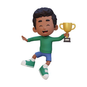 3D kid character celebrating win holding a trophy png