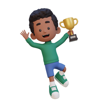 3D kid character celebrating win holding a trophy png