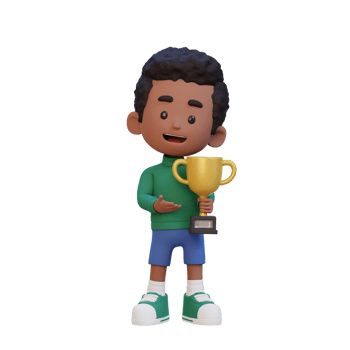 3D kid character celebrating win holding a trophy png