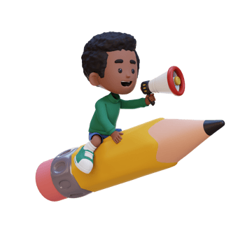 3D kid character riding a pencil and holding megaphone png