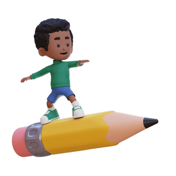 3D kid character standing riding a pencil png
