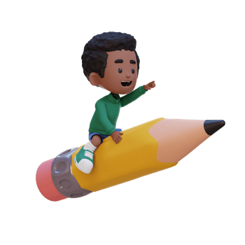 3D kid character riding a pencil and pointing hand png