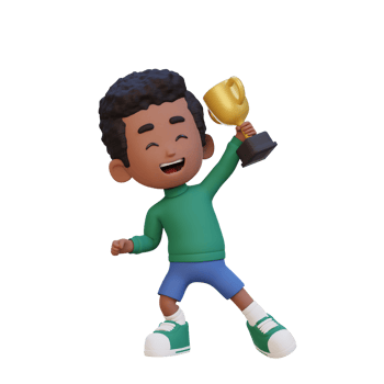 3D kid character celebrating win holding a trophy png