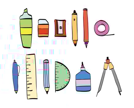 Hand drawn stationery icon set. Colorful school tools symbol bundle. vector