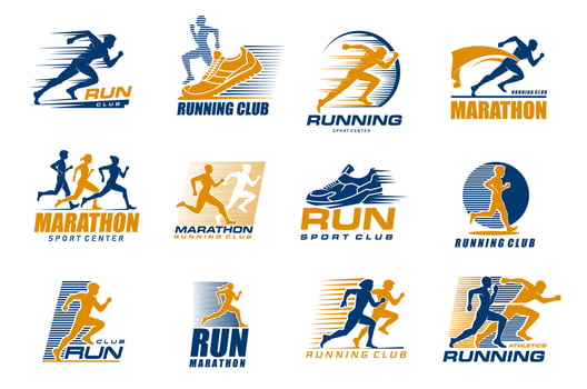 Marathon run sport icons, runner men and women vector
