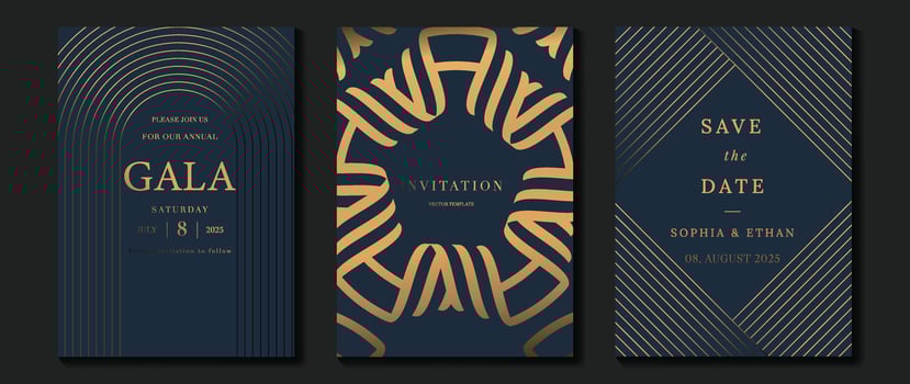 Luxury invitation card background vector. Golden elegant geometric shape, gold lines gradient on dark blue background. Premium design illustration for gala, grand opening, party invitation, wedding. vector