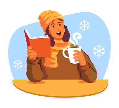 Happy woman holding a cup of coffee and a book vector