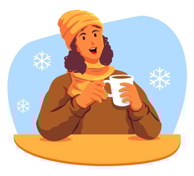 Happy woman with a cup of hot drink in the winter vector
