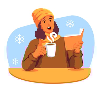 Happy woman holding a cup of coffee and a book vector