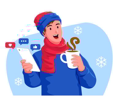 Man in winter clothes with a cup of coffee and a smartphone social media vector