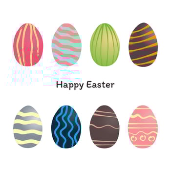 Vector illustration with eggs collection for happy easter greeting card. Set easter art on 8 bright eggs. Grunge brushes painted colorful eggs