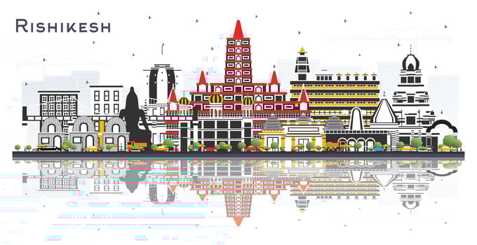 Rishikesh India city skyline with color buildings and reflections isolated on white. Business and tourism concept with historic architecture. Rishikesh cityscape with landmarks. vector
