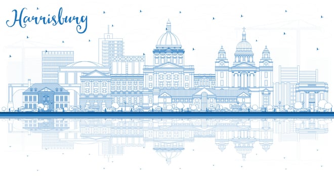 Outline Harrisburg Pennsylvania city skyline with blue buildings and reflections. Harrisburg USA Cityscape with landmarks. Travel and tourism concept with modern architecture. vector