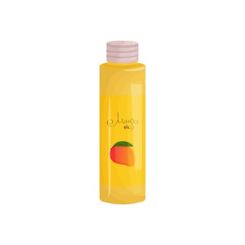 Glass bottle of orange mango oil for massage of essential or base oil in cartoon style. Aromatherapy oil for spa treatments, cooking and perfumes. Icon for website design, packaging vector