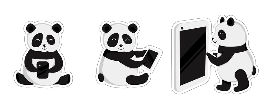Chinese pandas stickers, 3 cute little animals. Cartoon pandas with mobile phone on white background. Pandas chatting in gadget and tablet. Flat style for messenger. Isolate. vector