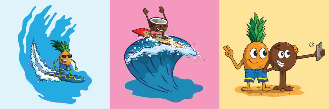 cool pineapple and coconut surfing in the ocean on a giant wave and taking selfies on the beach. vector