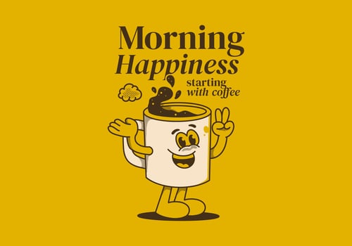 Morning happiness starting with coffee. Vintage mascot character of coffee mug with happy face vector