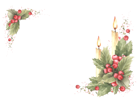 Watercolor painted corner frame with red holly berry, berries and leaves with flaming candles and splashes Illustration for Christmas, New Year card template, winter print. png