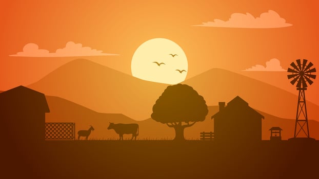 Farmland silhouette landscape vector illustration. Scenery of livestock and windmill in the countryside farm. Rural panorama for illustration, background or wallpaper
