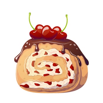 Cherry roll in cartoon style. Vector illustration for poster, banner, website, advertising. Vector illustration with colorful sweet dessert. Vector illustration