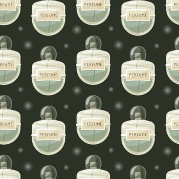 Glass elegant bottle of fragrant perfume. Vector seamless pattern, cartoon green eau de parfum.