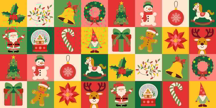 Christmas icons elements with geometric pattern. Vector flat design for poster, card, wallpaper, poster, banner, packaging. Santa Claus, red Christmas ball, ribbon bow