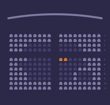 Cinema seats booking online ui design scheme or film theatre places reservation template layout vector flat cartoon violet dark illustration image