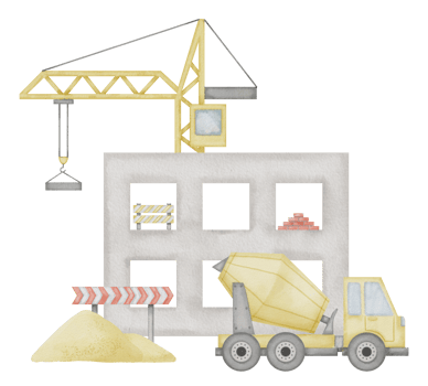 Building Construction Watercolor illustration. Hand drawn clip art of concrete mixer and lifting crane on isolated background. Baby boy tshirt print. Drawing of hoisting machine and house frame png
