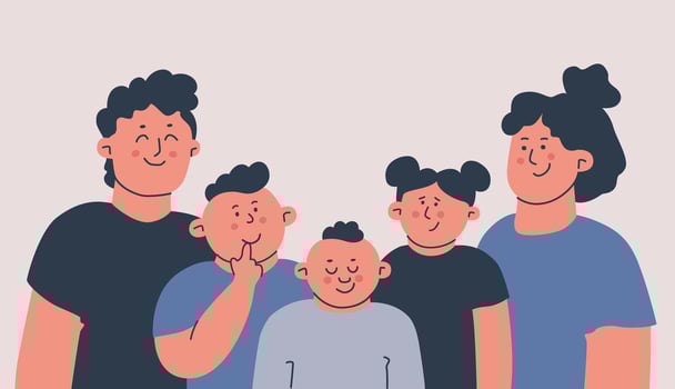 Happy family consisting of mom, dad and three children. Adults, teenagers and children. Portraits of various characters. Vector isolated illustration.