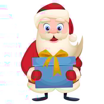 Cartoon Santa Claus in red costume hold a gift box. Merry Christmas and Happy New Year Isolated vector cartoon illustration for greeting card, banner and more.