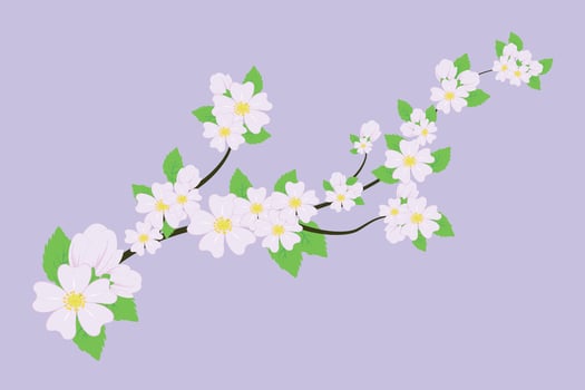 Apple tree branch with leaves and buds isolated on a lilac background. Vector illustration.