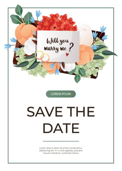Promo flyer with Will You Marry Me proposing card in flower box with engagement rings. Wedding day accessories, decorations.Celebrate marriage, save the date ceremony for poster, cover, advertising vector