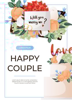 Promo flyer with Will You Marry Me proposing card in flower box , engagement cake. Wedding day accessories, decorations.Celebrate marriage, save the date ceremony for poster, cover, advertising vector
