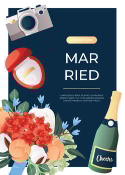 Promo flyer with Will You Marry Me proposing card in flower box , engagement rings, camera. Wedding day accessories, decorations.Celebrate marriage, save the date ceremony for poster, advertising vector