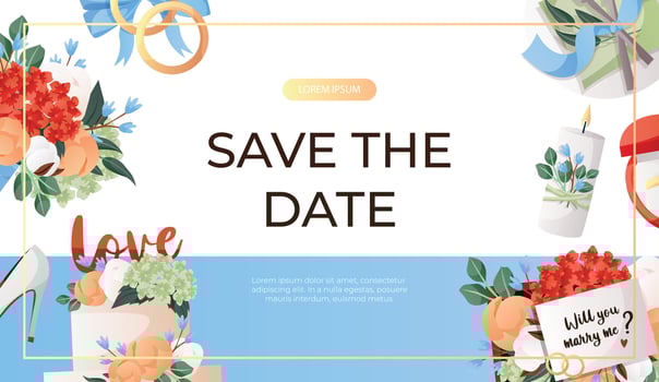 Promo banner with cake with flowers, bride groom engagement ring, proposing card. Wedding day accessories, decorations. Celebrate marriage, save the date ceremony for poster, cover, advertising vector