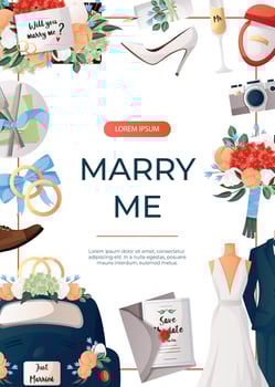 Promo flyer with cake, flowers, bride suit, groom dress, engagement ring, proposing card. Wedding day accessories, decorations.Celebrate marriage, save the date ceremony for poster, cover, advertising vector