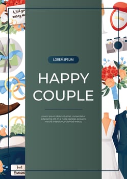 Promo flyer with cake, flowers, bride suit, groom dress, engagement ring, proposing card. Wedding day accessories, decorations.Celebrate marriage, save the date ceremony for poster, cover, advertising vector
