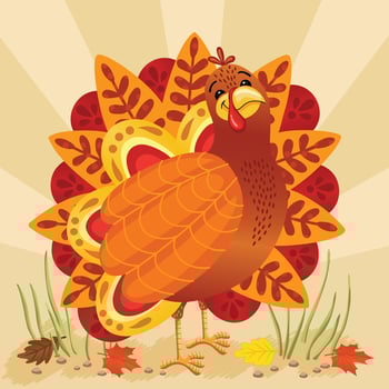 happy thanksgiving card with cartoon turkey icon with decorative autumn leaves. colorful design. vector illustration