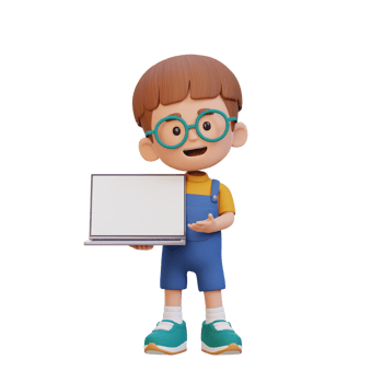 3D kid Character Holding and Presenting to a Laptop with Empty Screen png
