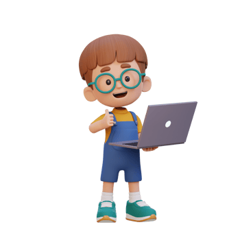 3D cute kid character give a thumb up while holding a laptop png