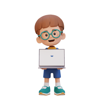 3D kid Character Holding and Presenting to a Laptop with Empty Screen png