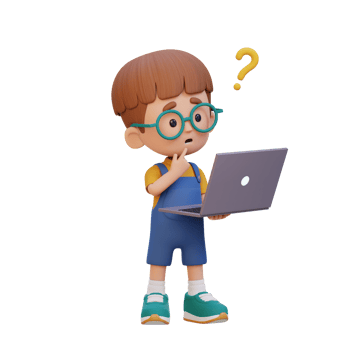 3D cute kid character confused on a laptop png