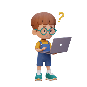3D cute kid character confused on a laptop png