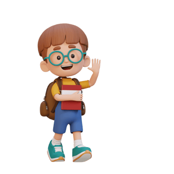 3D happy kid character walking go to school holding book and waving hand png