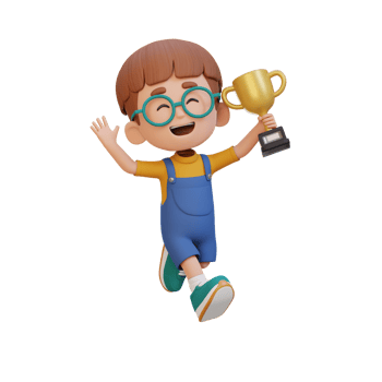3D kid character celebrating win holding a trophy png